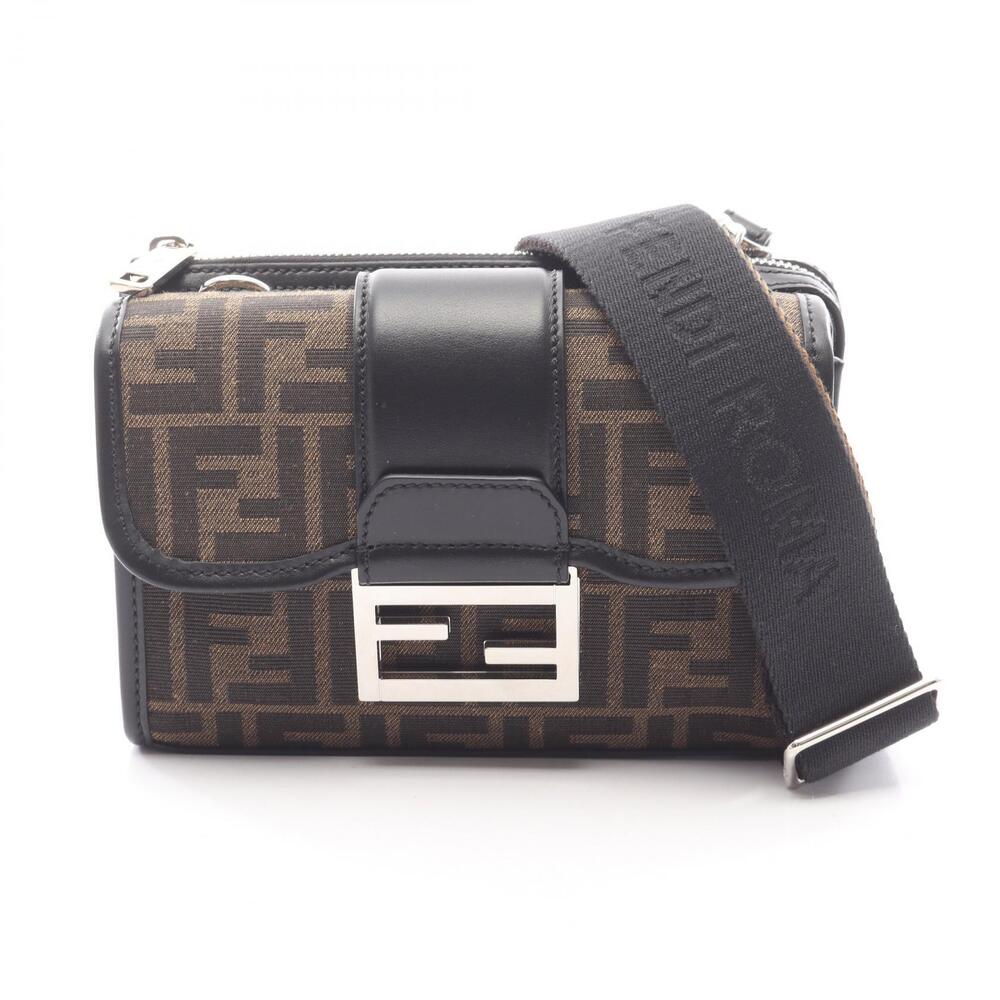 Fendi Double Baguette Shoulder Bag Canvas Leather Brown Black